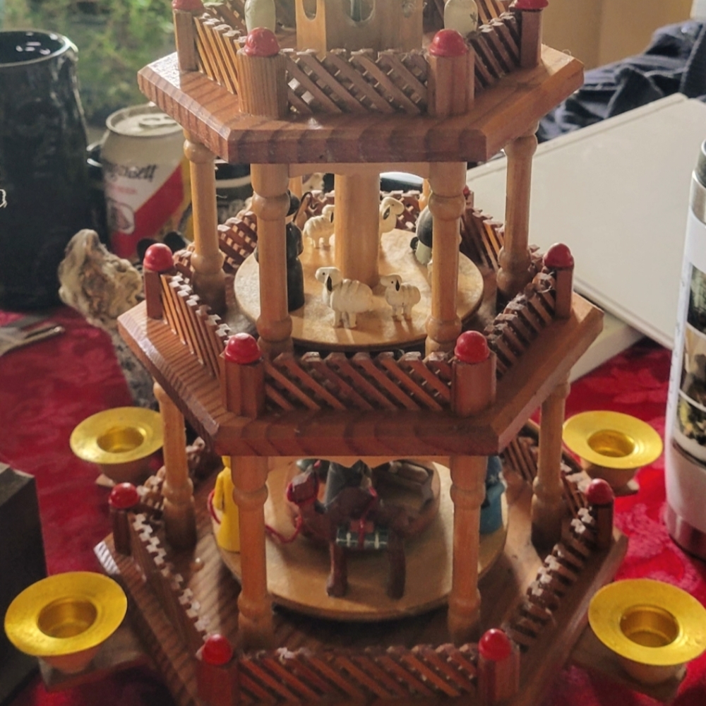 3 tier pyramid spinning Nativity display 18.5 inches tall